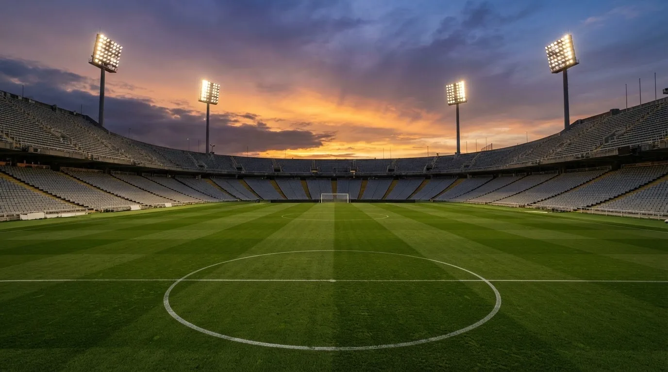 Un estadio de fútbol vacío con torres de iluminación al atardecer