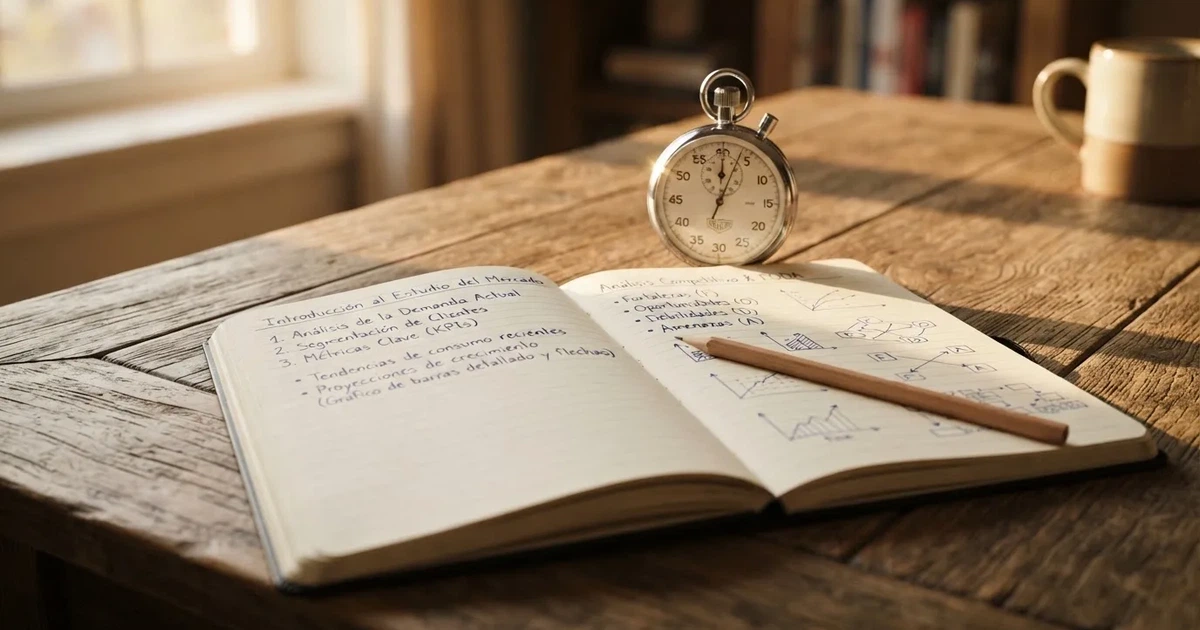 Un cuaderno abierto con un lápiz y un cronómetro sobre una mesa de madera
