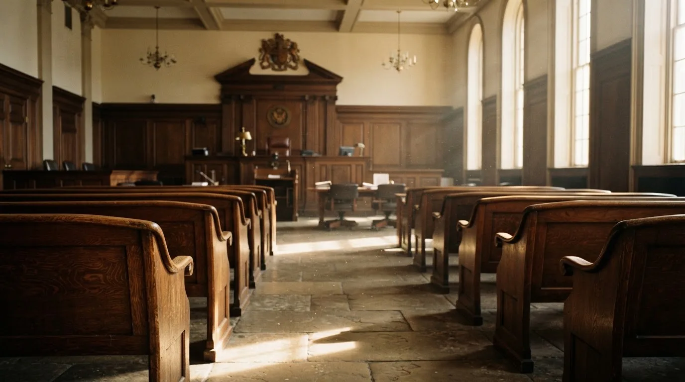 Una sala de tribunal vacía con bancos de madera a la luz de la mañana