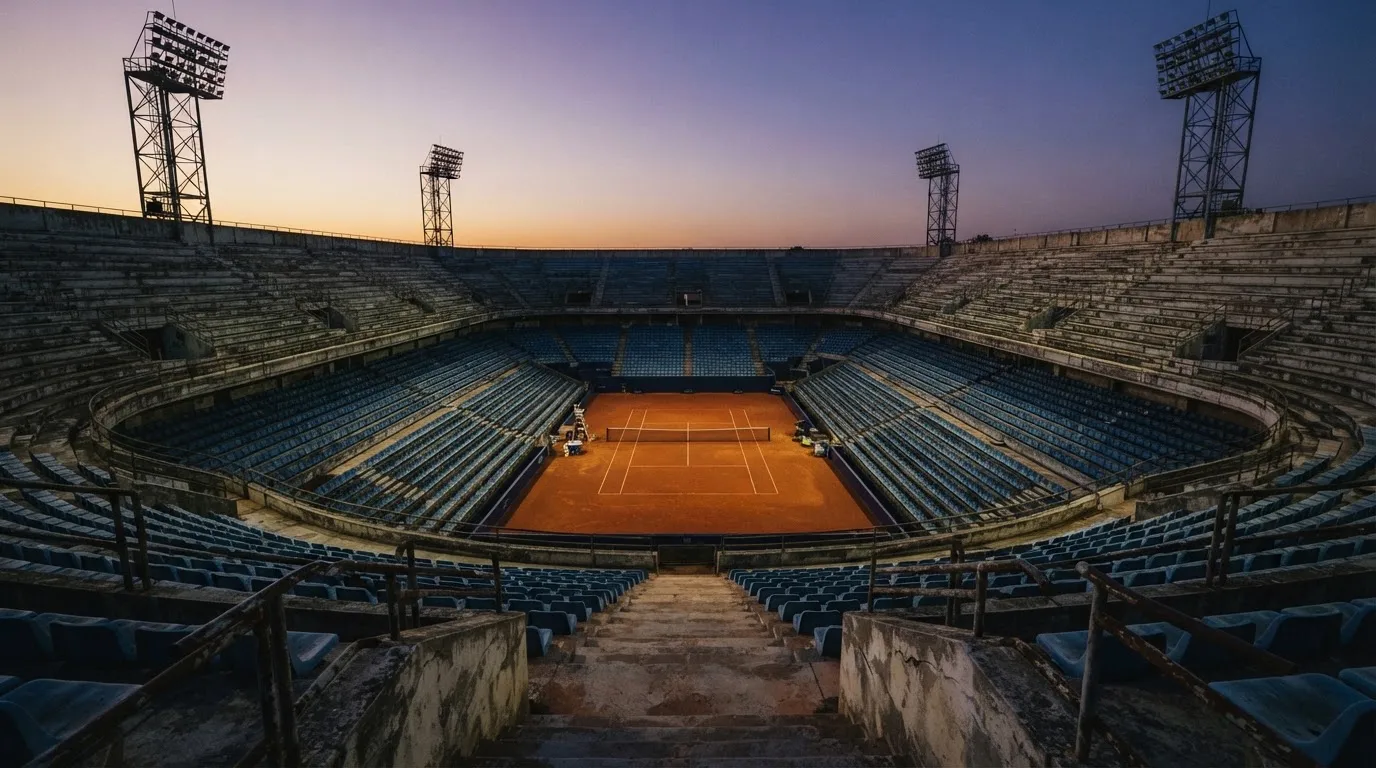 Un estadio de fútbol vacío con torres de iluminación al atardecer
