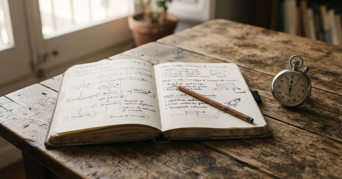 Un cuaderno abierto con un lápiz y un cronómetro sobre una mesa de madera