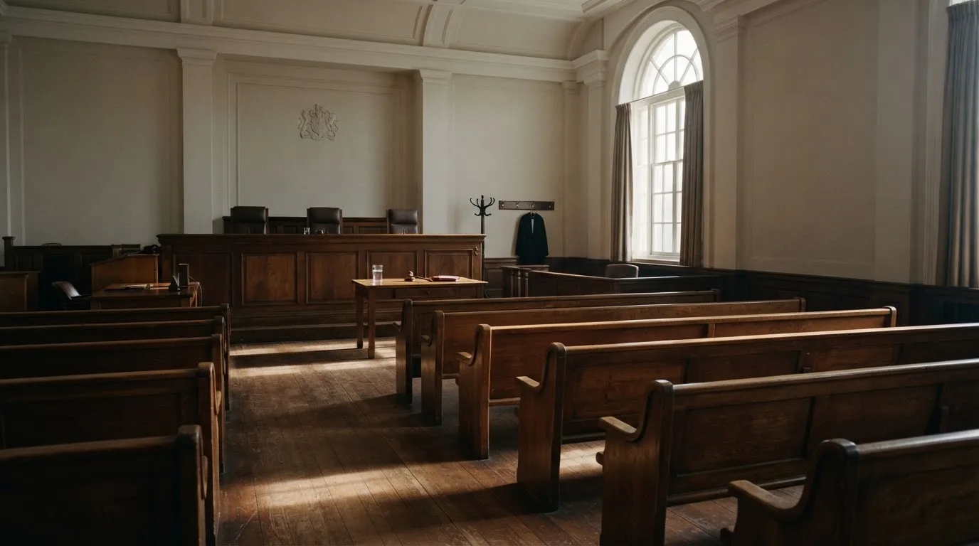 Una sala de tribunal vacía con bancos de madera a la luz de la mañana