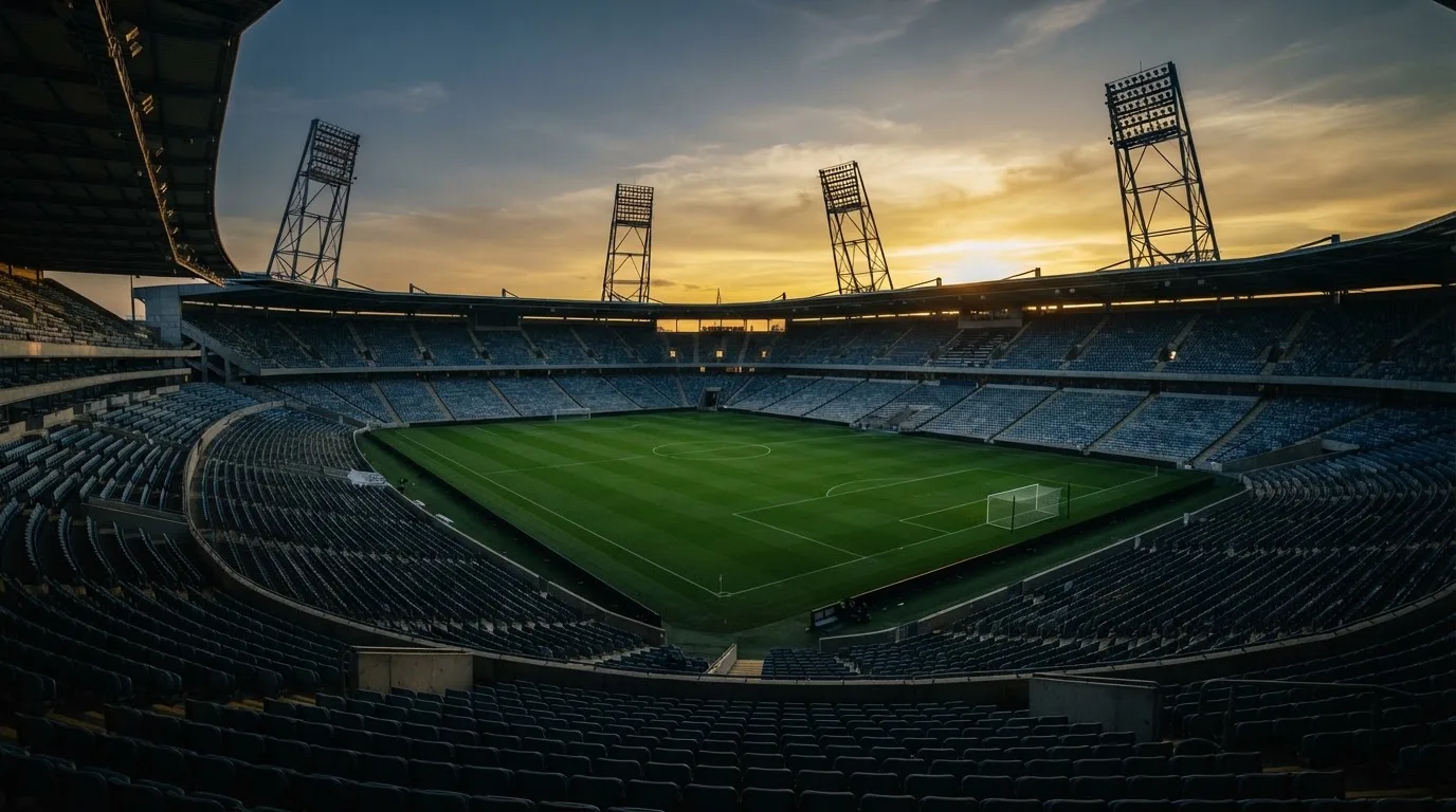 Un estadio de fútbol vacío con torres de iluminación al atardecer