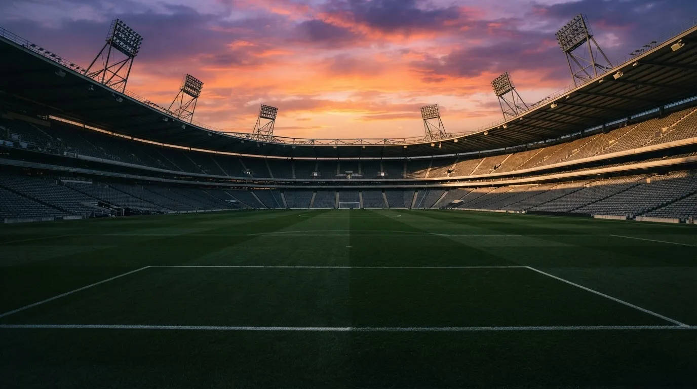 Un estadio de fútbol vacío con torres de iluminación al atardecer