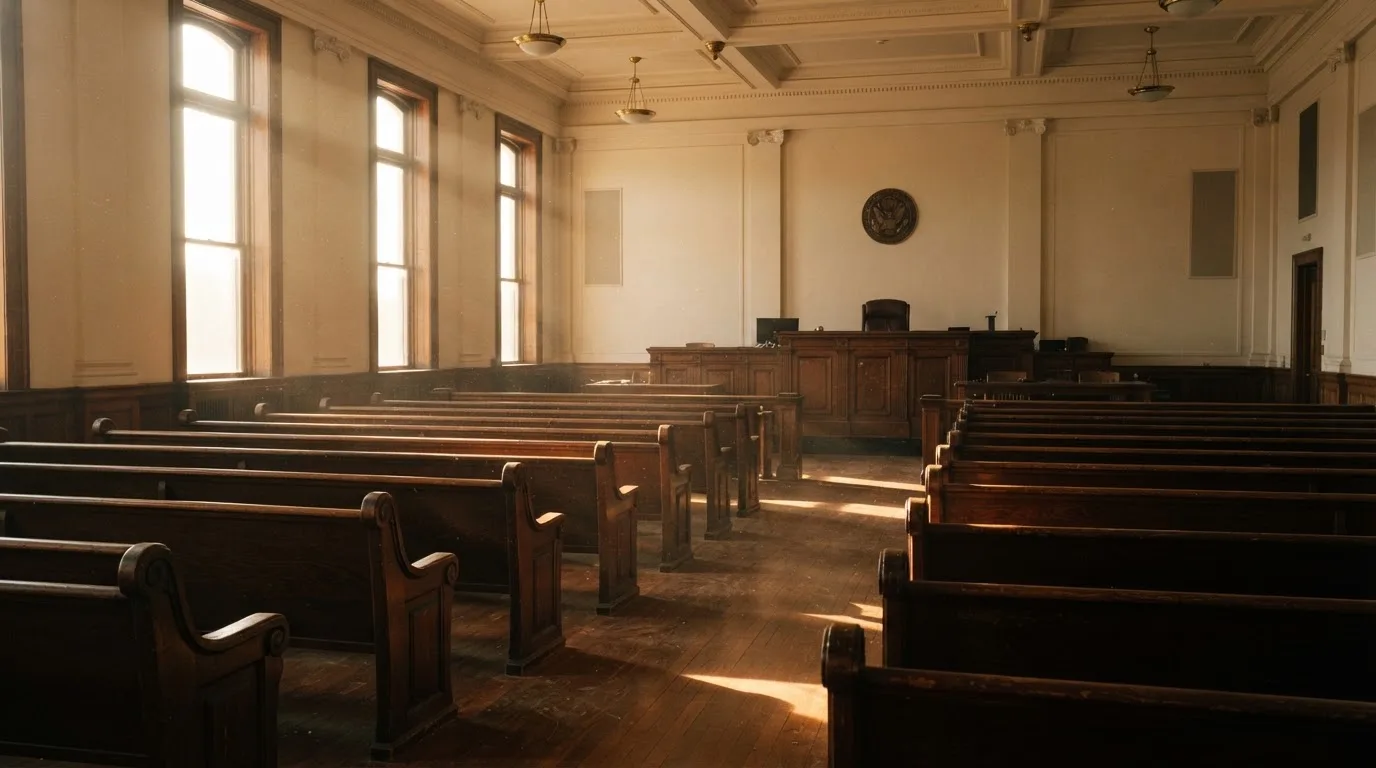 Una sala de tribunal vacía con bancos de madera a la luz de la mañana