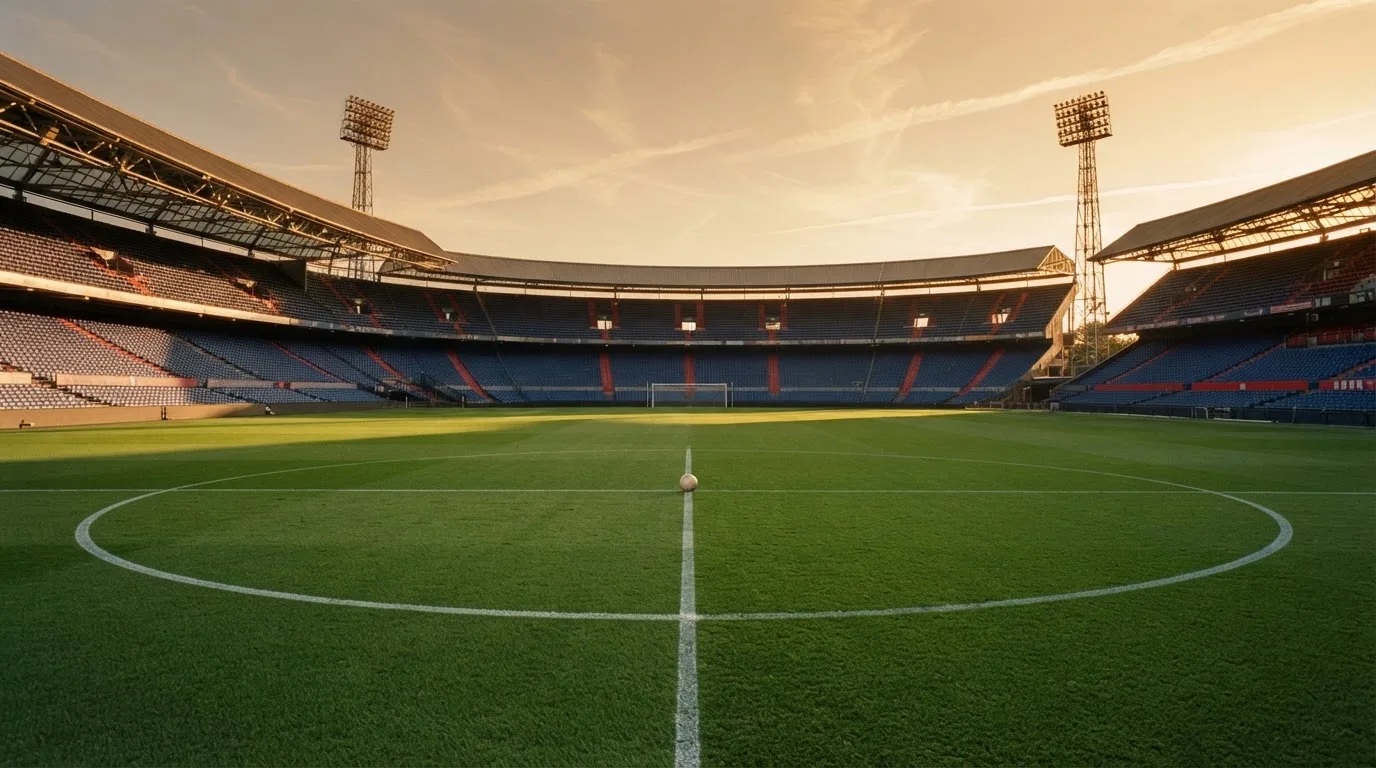 Un estadio de fútbol vacío con torres de iluminación al atardecer