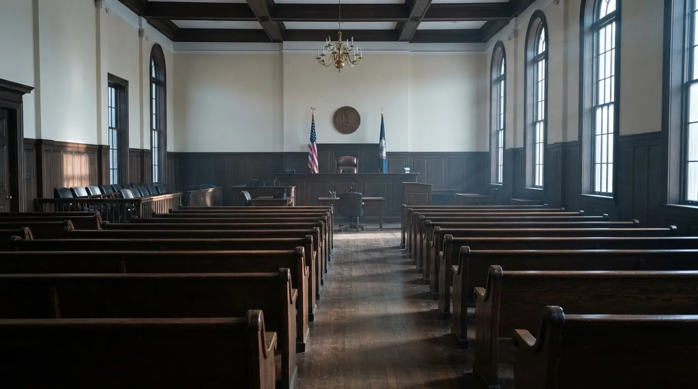 Una sala de tribunal vacía con bancos de madera a la luz de la mañana