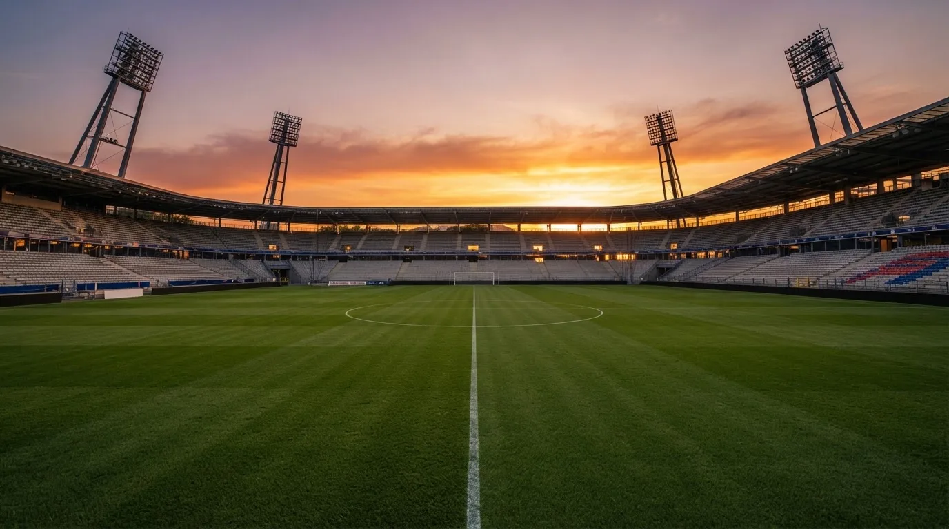 Un estadio de fútbol vacío con torres de iluminación al atardecer