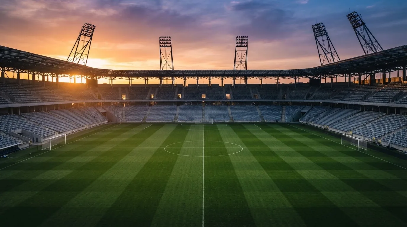 Un estadio de fútbol vacío con torres de iluminación al atardecer