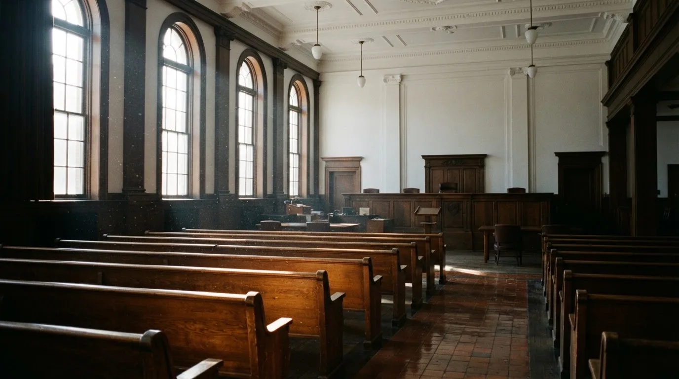 Una sala de tribunal vacía con bancos de madera a la luz de la mañana