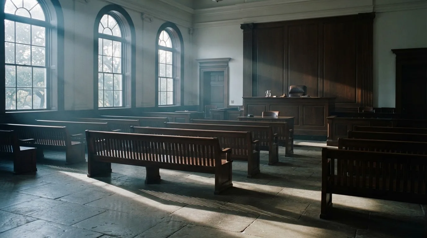 Una sala de tribunal vacía con bancos de madera a la luz de la mañana