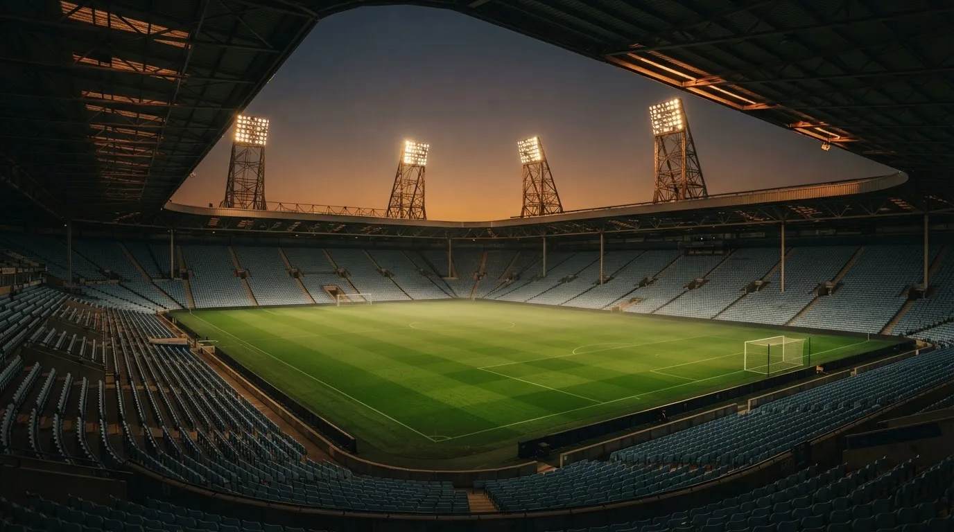 Un estadio de fútbol vacío con torres de iluminación al atardecer