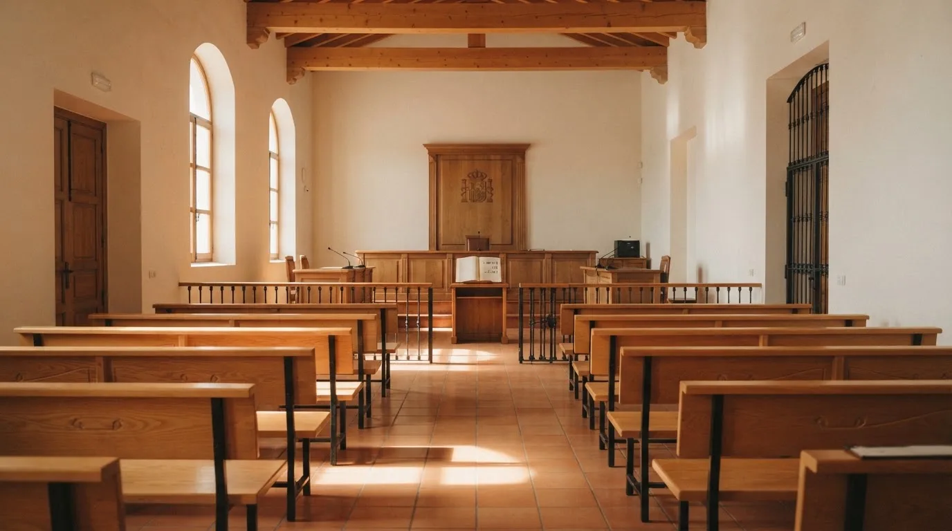 Una sala de tribunal vacía con bancos de madera a la luz de la mañana