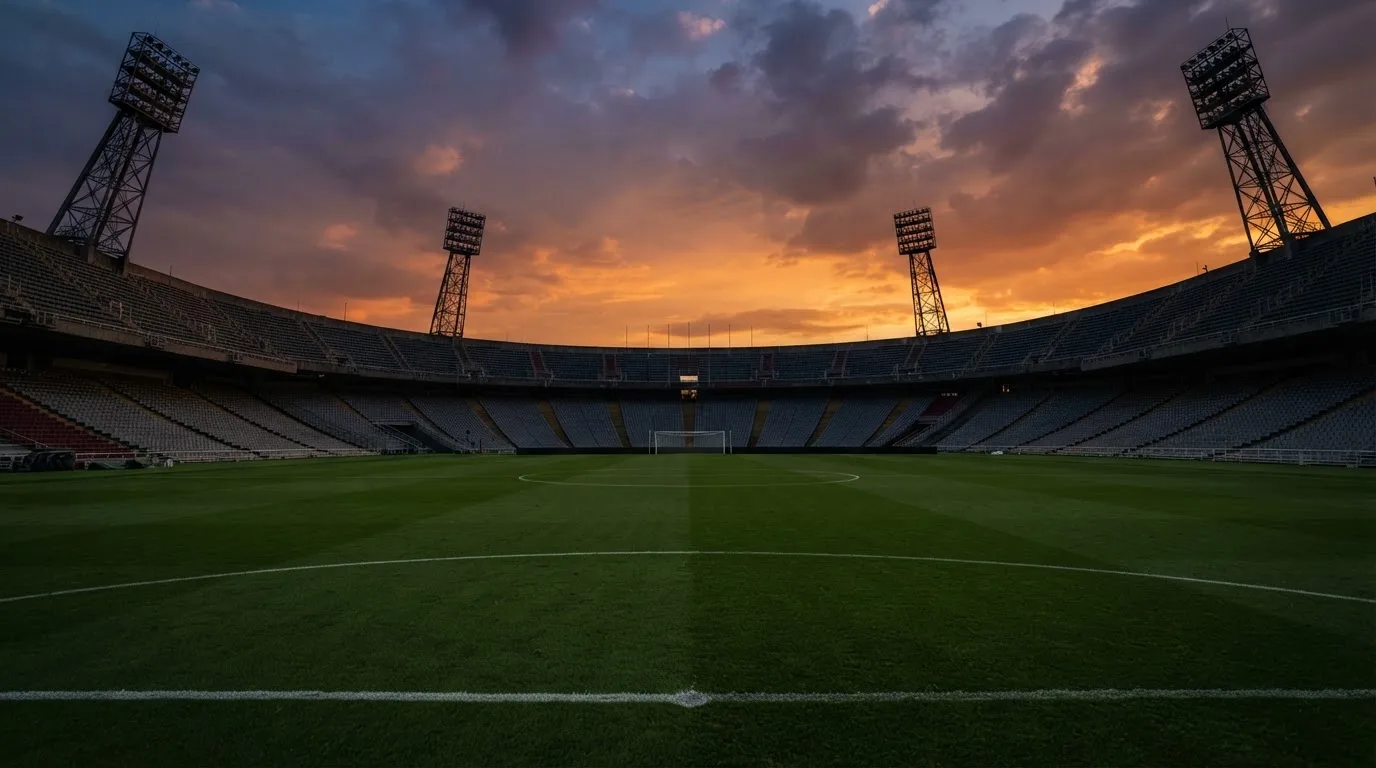Un estadio de fútbol vacío con torres de iluminación al atardecer