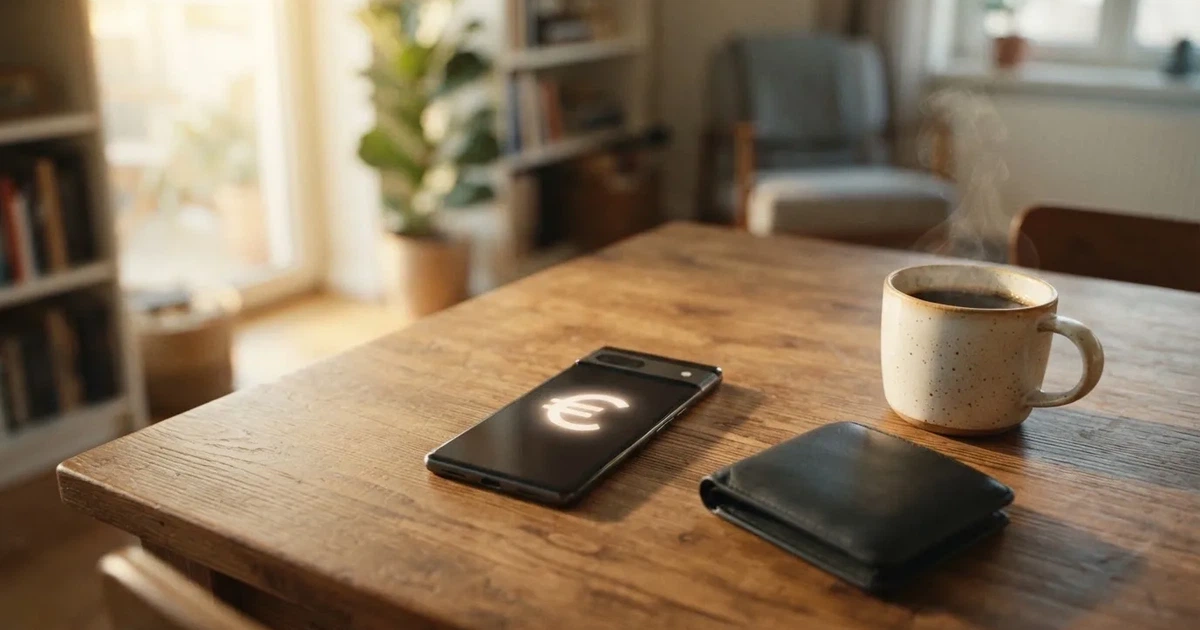 Un móvil sobre una mesa de madera junto a una cartera y una taza de café