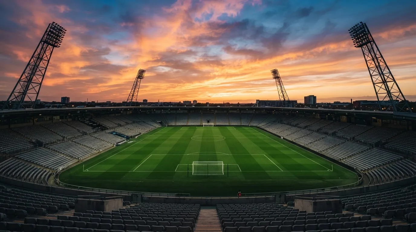 Un estadio de fútbol vacío con torres de iluminación al atardecer