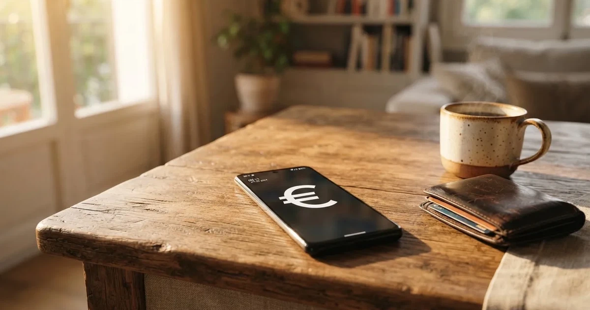 Un móvil sobre una mesa de madera junto a una cartera y una taza de café