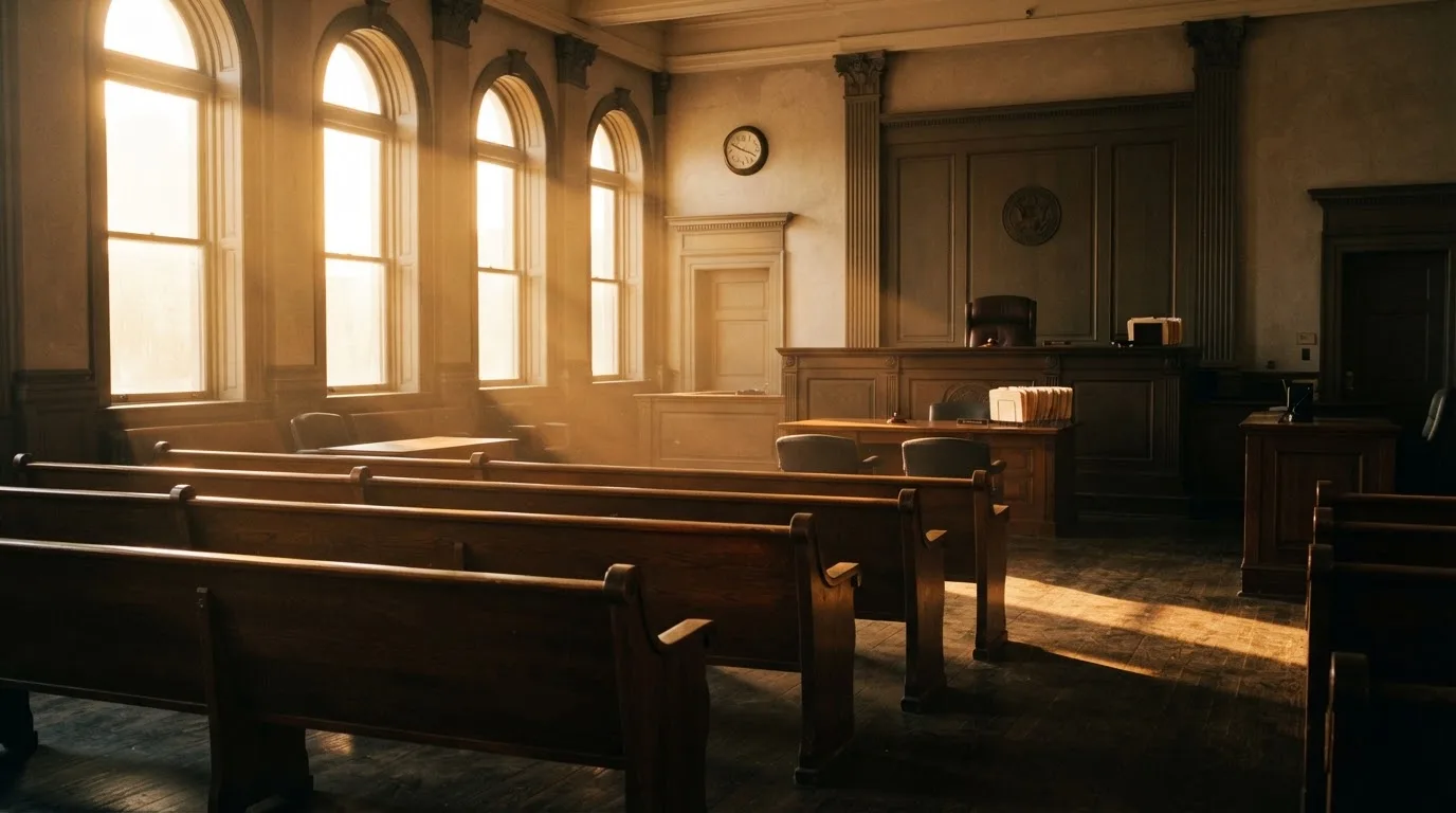 Una sala de tribunal vacía con bancos de madera a la luz de la mañana