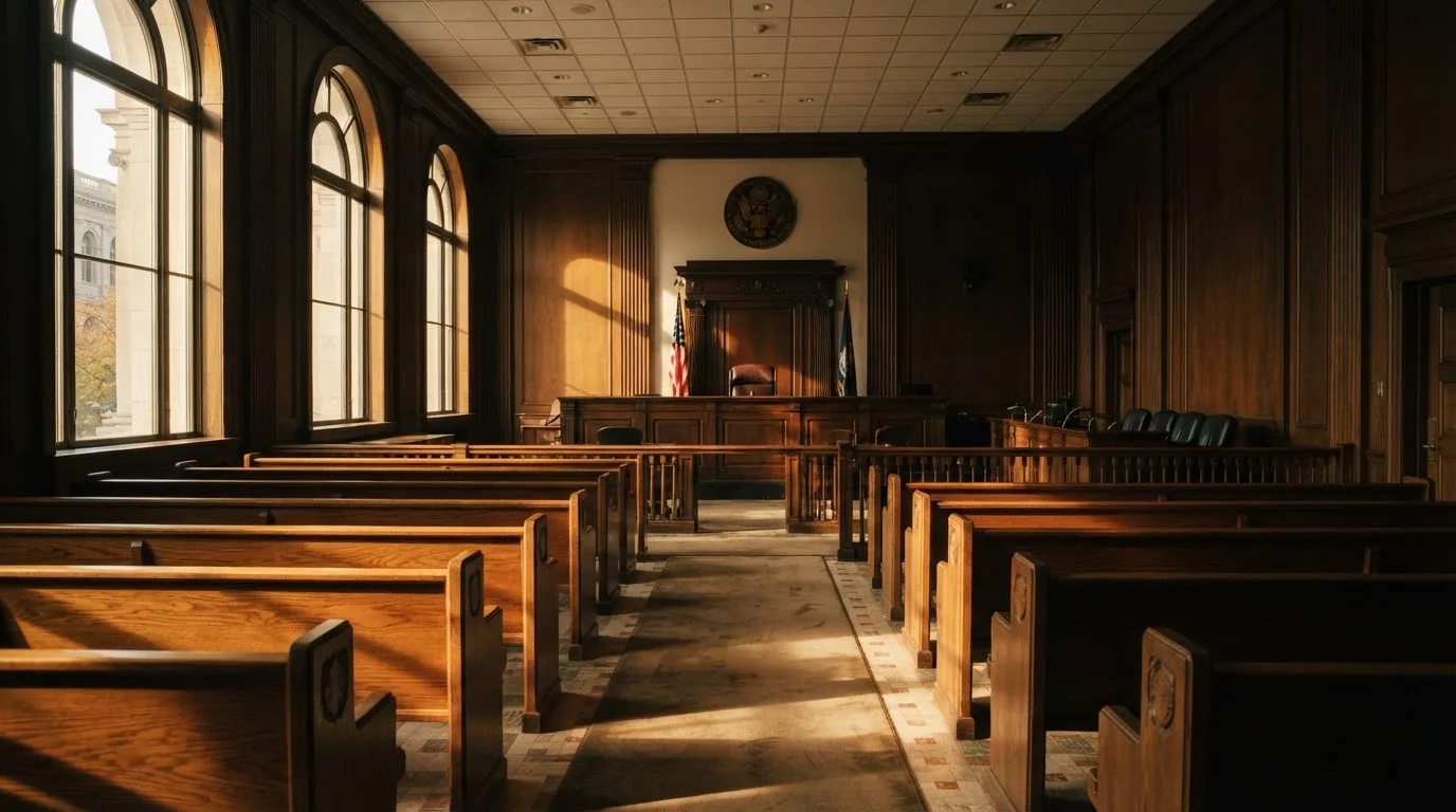 Una sala de tribunal vacía con bancos de madera a la luz de la mañana