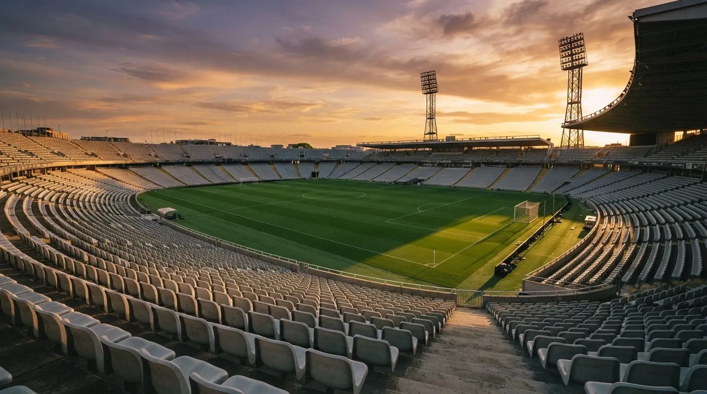 Un estadio de fútbol vacío con torres de iluminación al atardecer