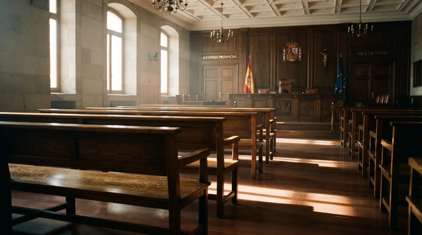 Una sala de tribunal vacía con bancos de madera a la luz de la mañana