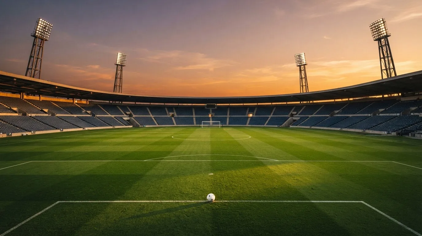 Un estadio de fútbol vacío con torres de iluminación al atardecer