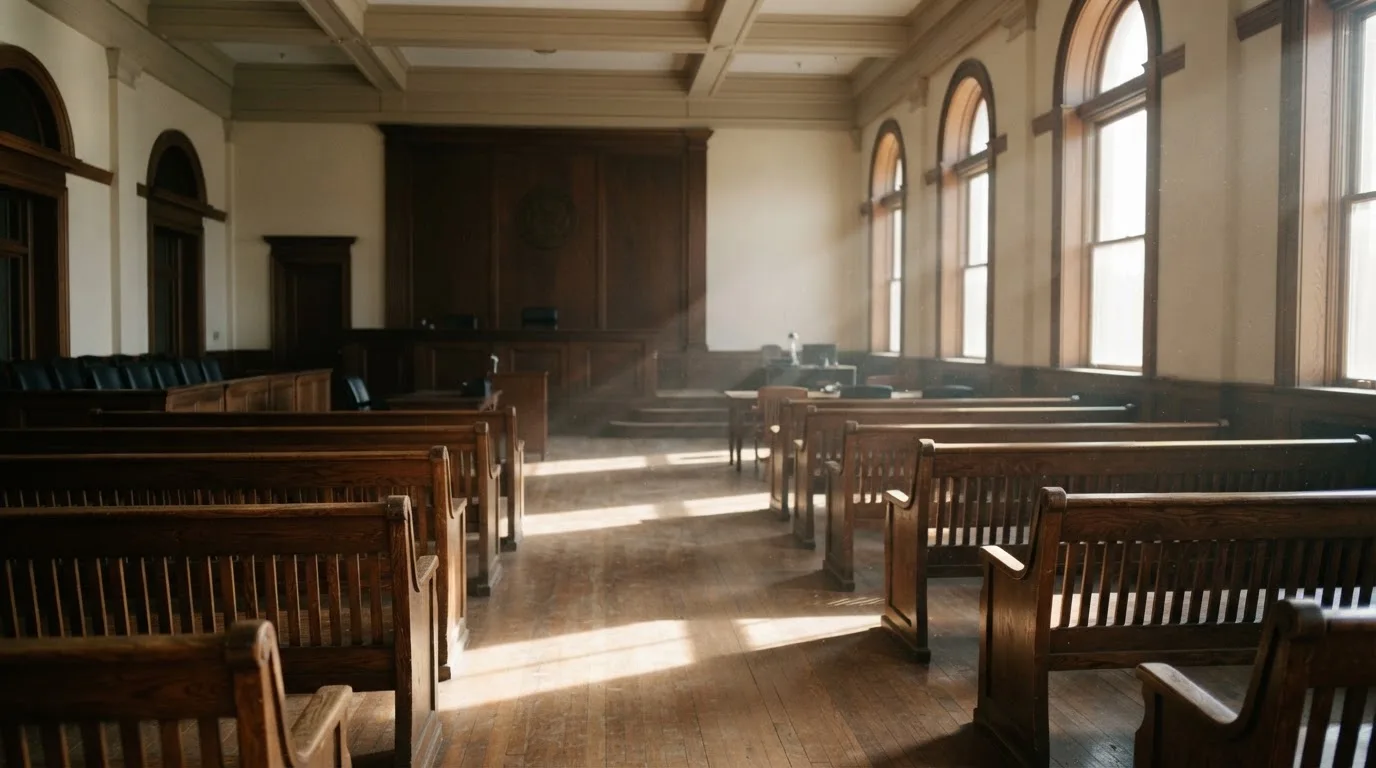 Una sala de tribunal vacía con bancos de madera a la luz de la mañana