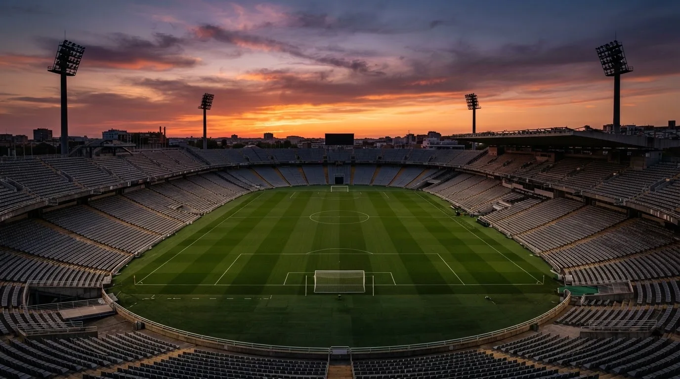 Un estadio de fútbol vacío con torres de iluminación al atardecer