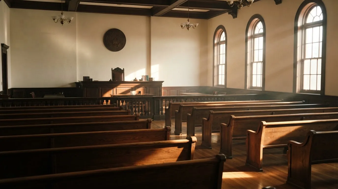 Una sala de tribunal vacía con bancos de madera a la luz de la mañana