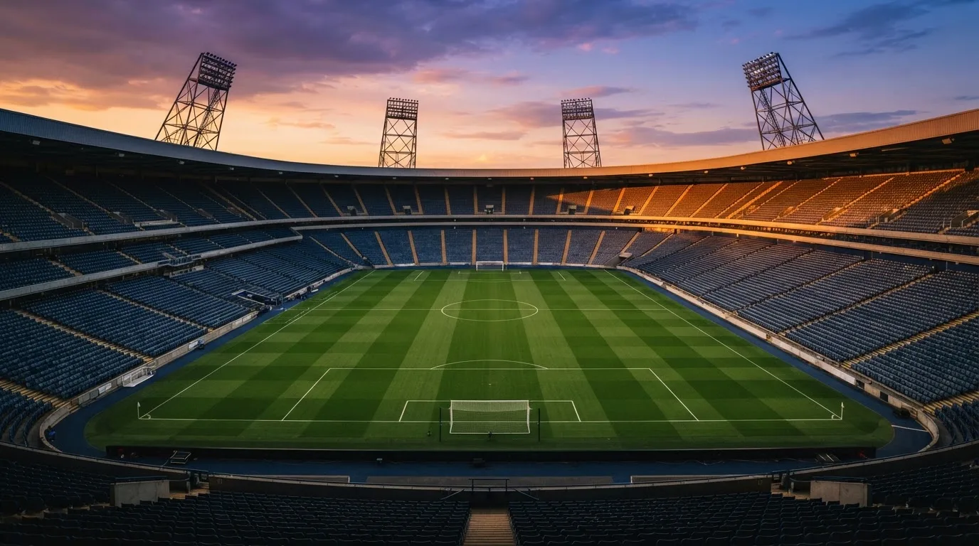 Un estadio de fútbol vacío con torres de iluminación al atardecer