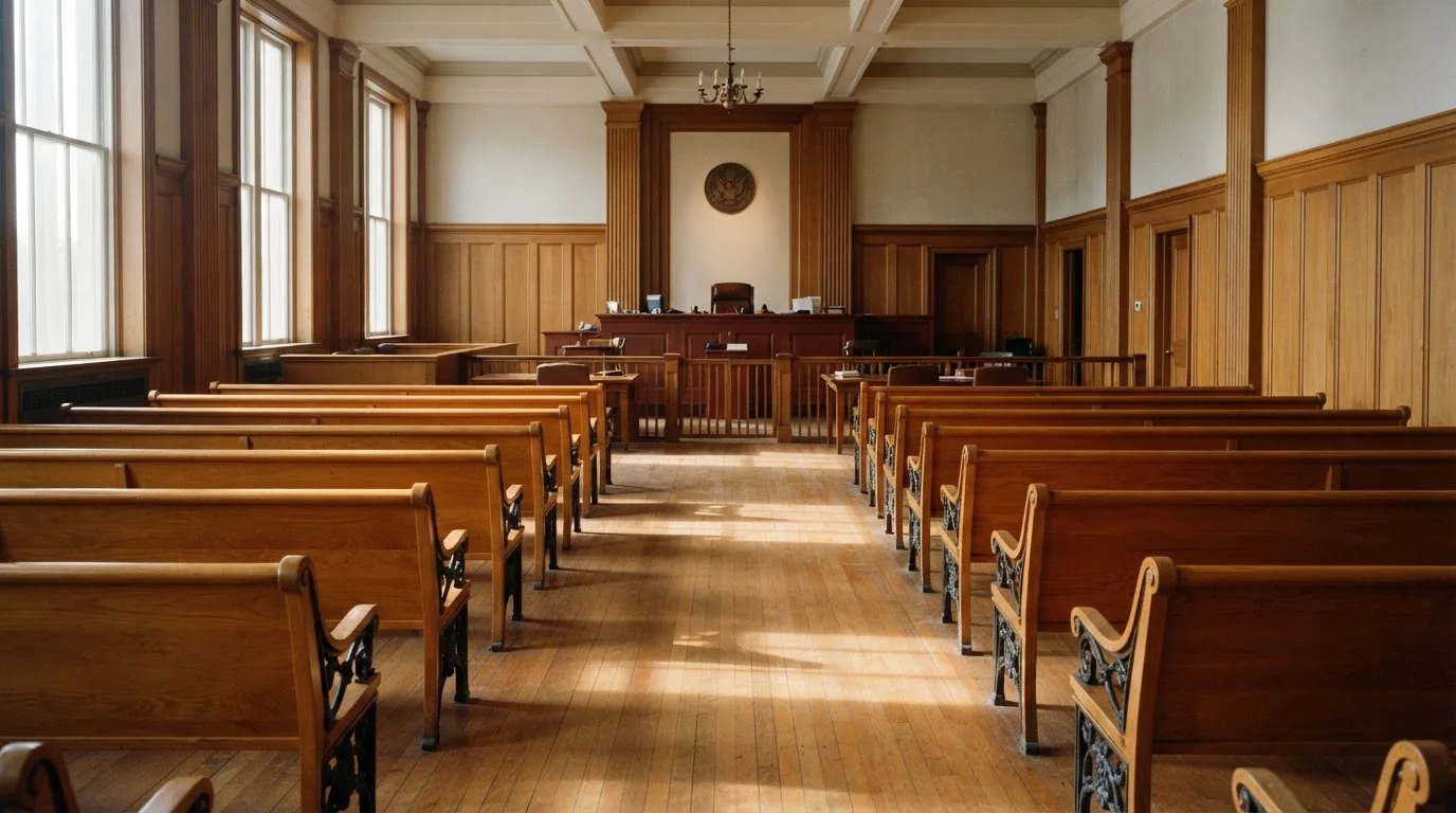 Una sala de tribunal vacía con bancos de madera a la luz de la mañana