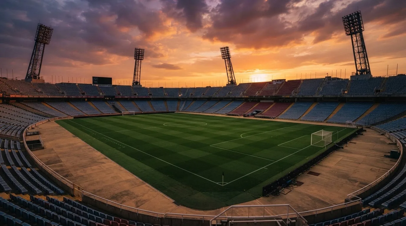 Un estadio de fútbol vacío con torres de iluminación al atardecer
