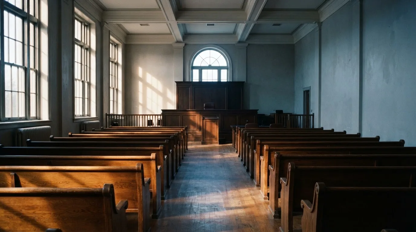 Una sala de tribunal vacía con bancos de madera a la luz de la mañana