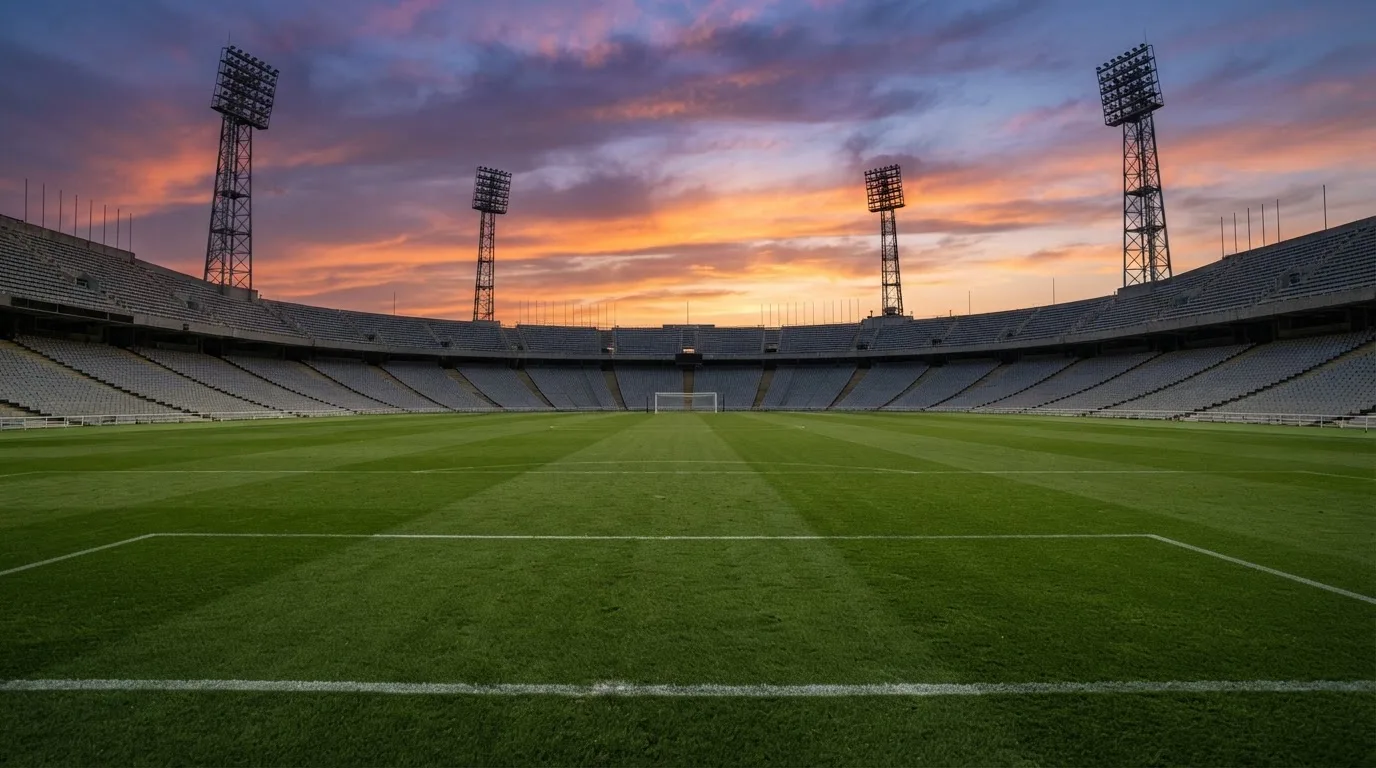 Un estadio de fútbol vacío con torres de iluminación al atardecer
