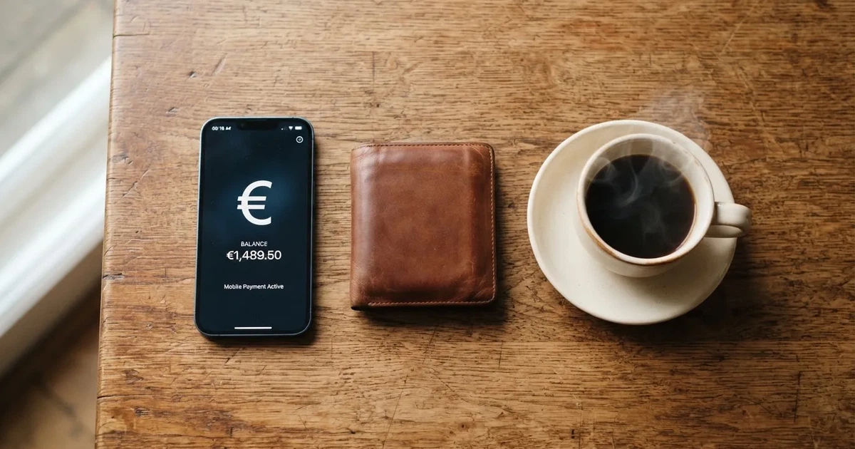 Un móvil sobre una mesa de madera junto a una cartera y una taza de café