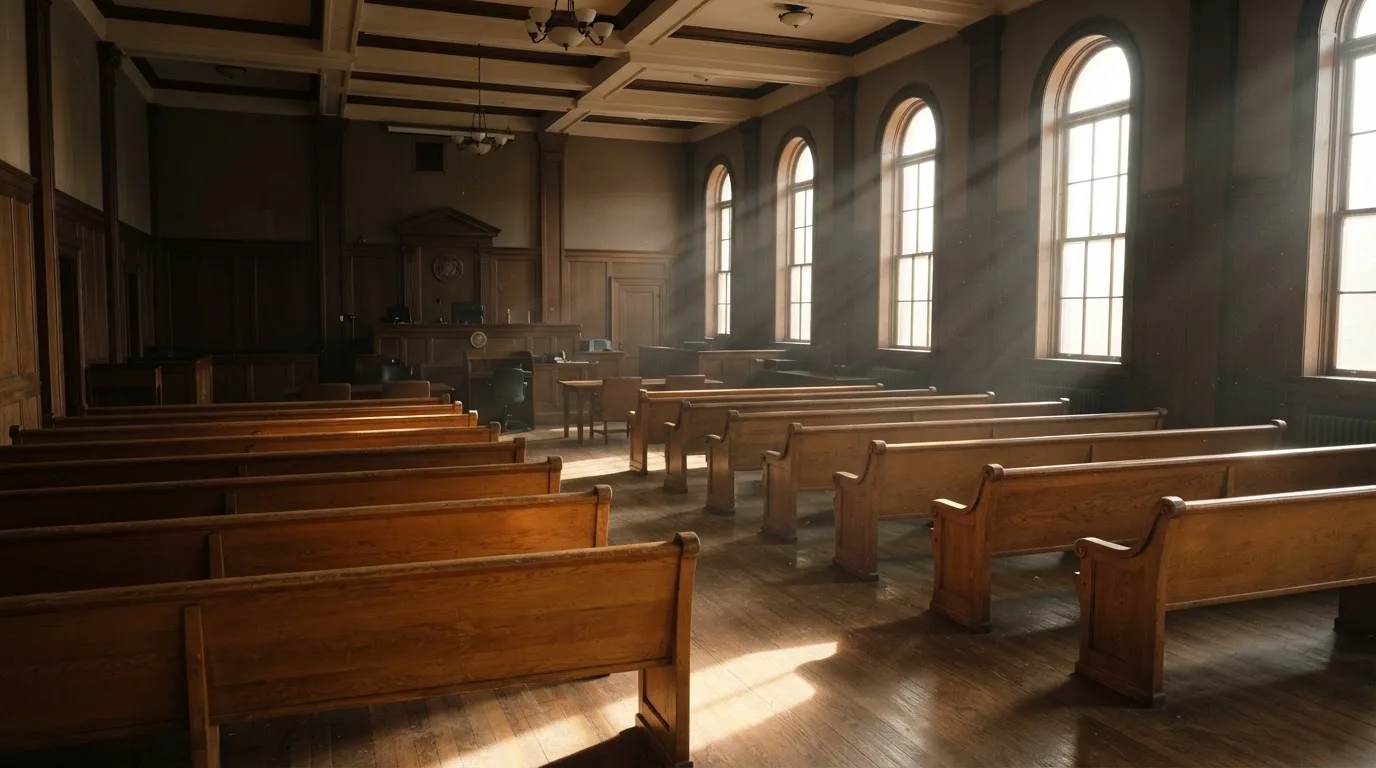Una sala de tribunal vacía con bancos de madera a la luz de la mañana