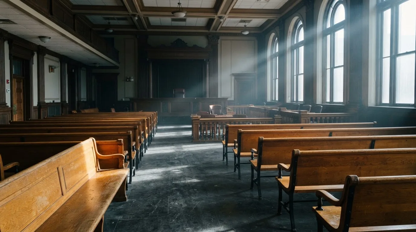 Una sala de tribunal vacía con bancos de madera a la luz de la mañana