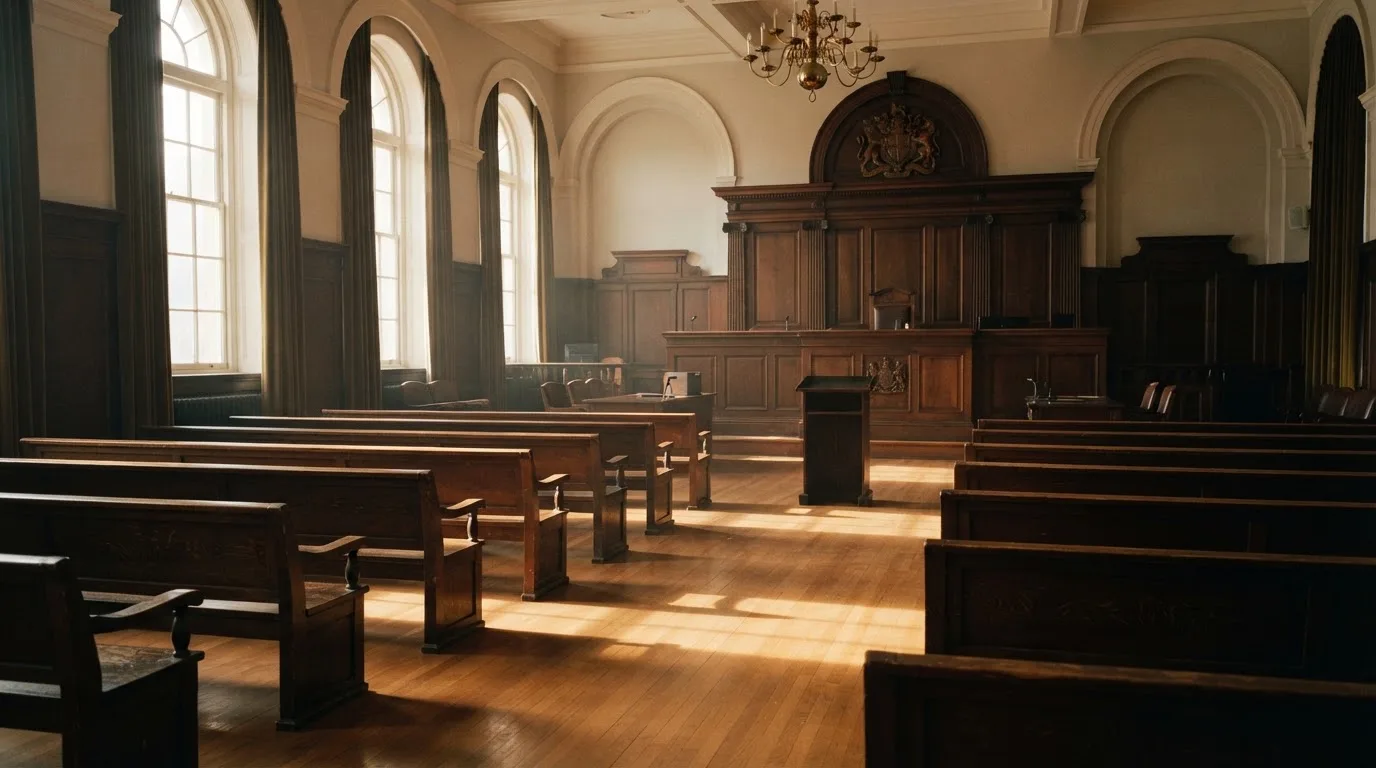 Una sala de tribunal vacía con bancos de madera a la luz de la mañana