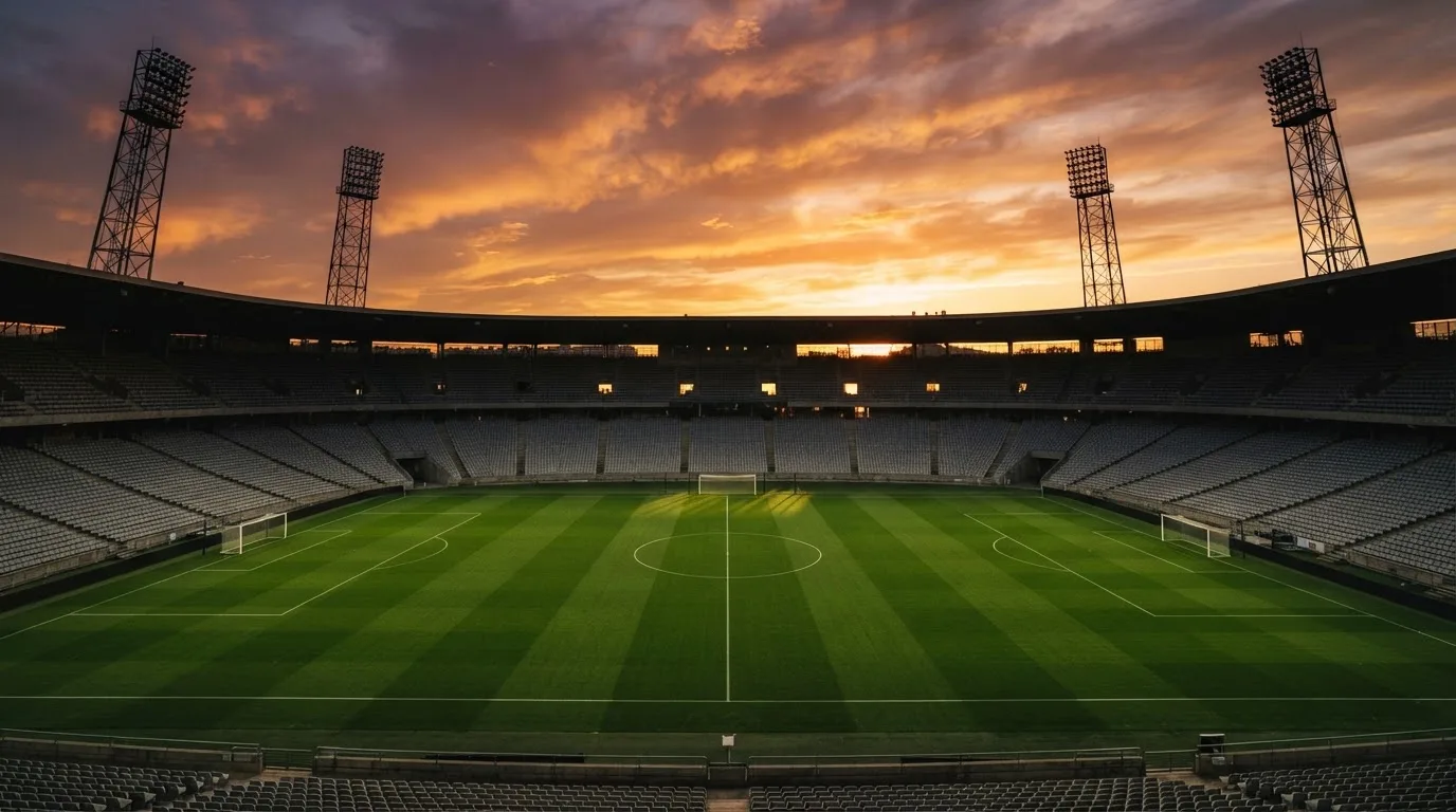 Un estadio de fútbol vacío con torres de iluminación al atardecer