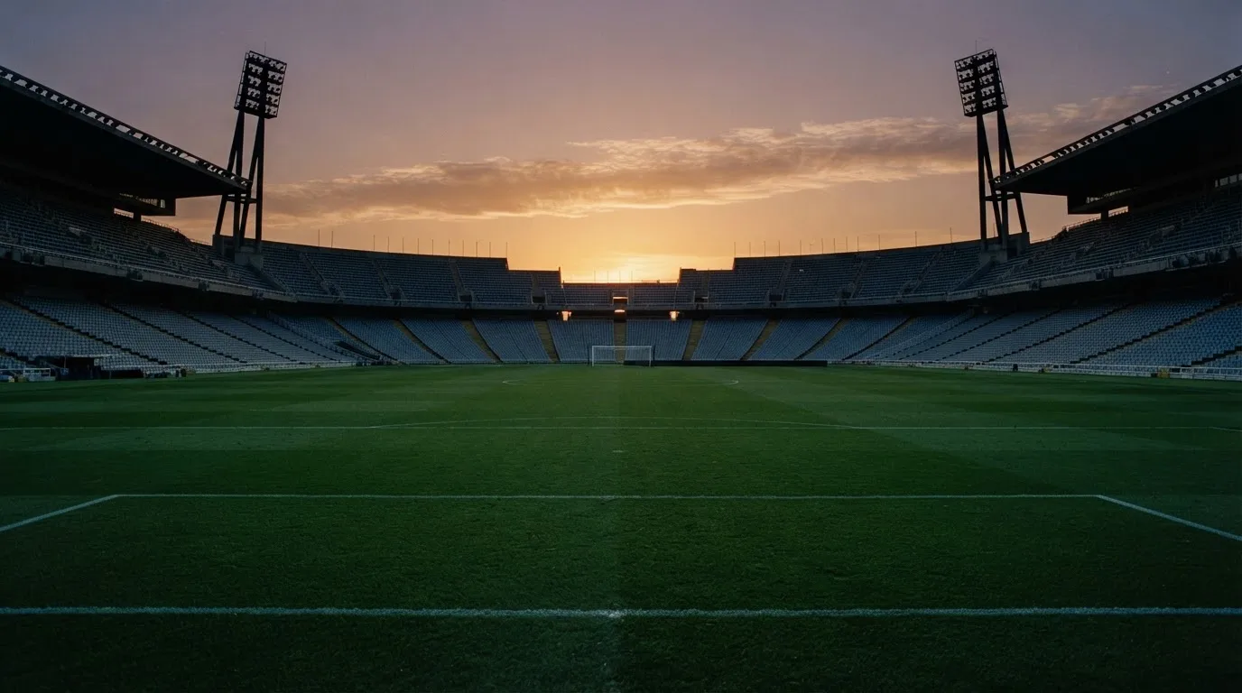 Un estadio de fútbol vacío con torres de iluminación al atardecer