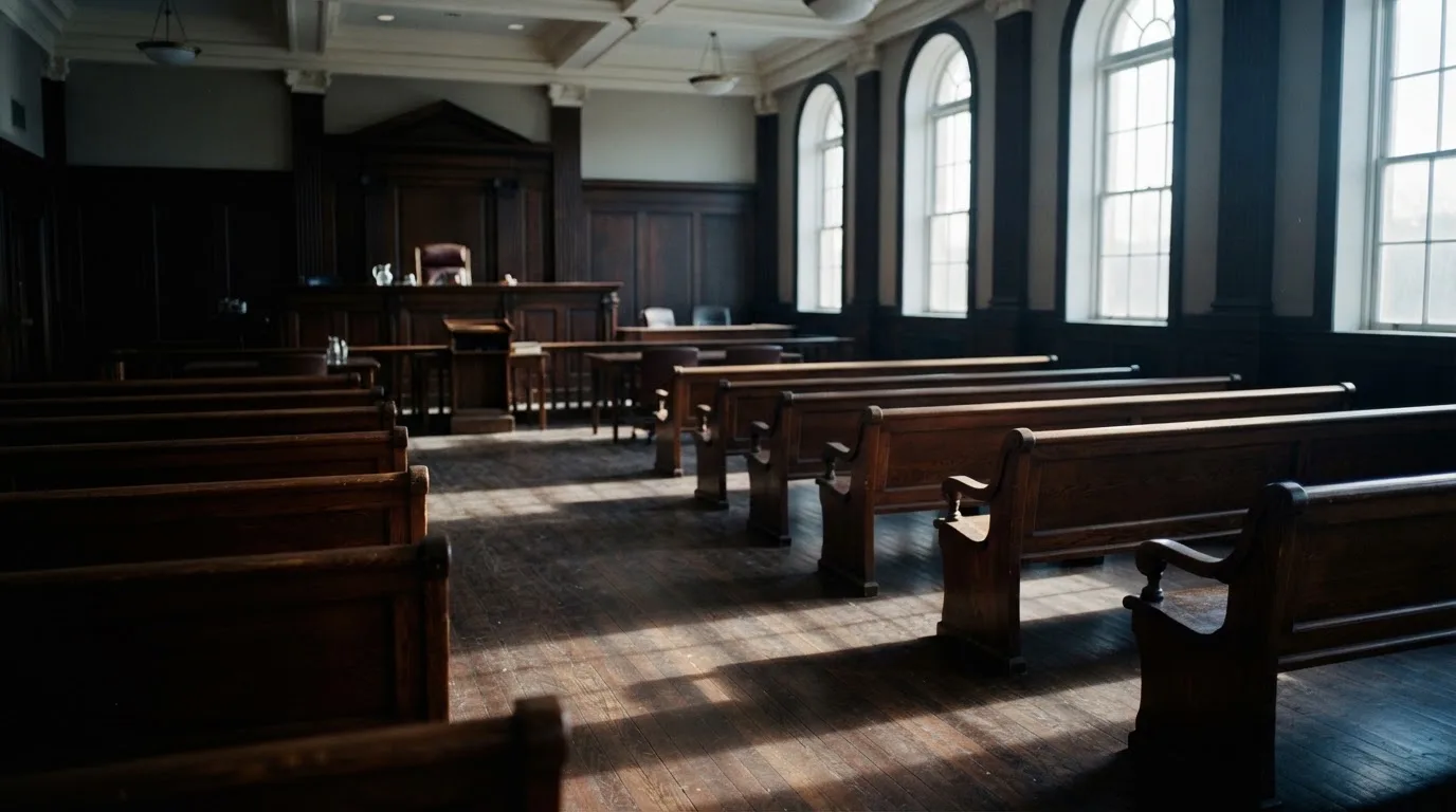 Una sala de tribunal vacía con bancos de madera a la luz de la mañana