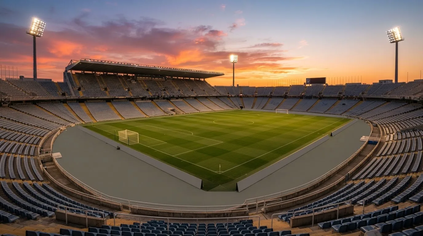 Un estadio de fútbol vacío con torres de iluminación al atardecer