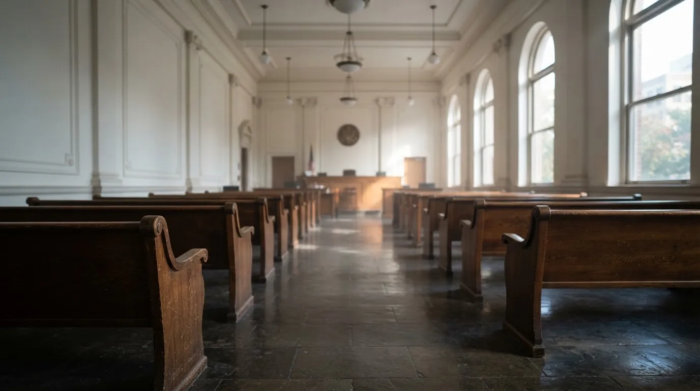 Una sala de tribunal vacía con bancos de madera a la luz de la mañana