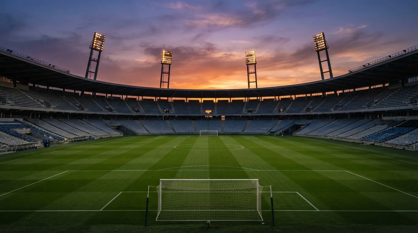 Un estadio de fútbol vacío con torres de iluminación al atardecer