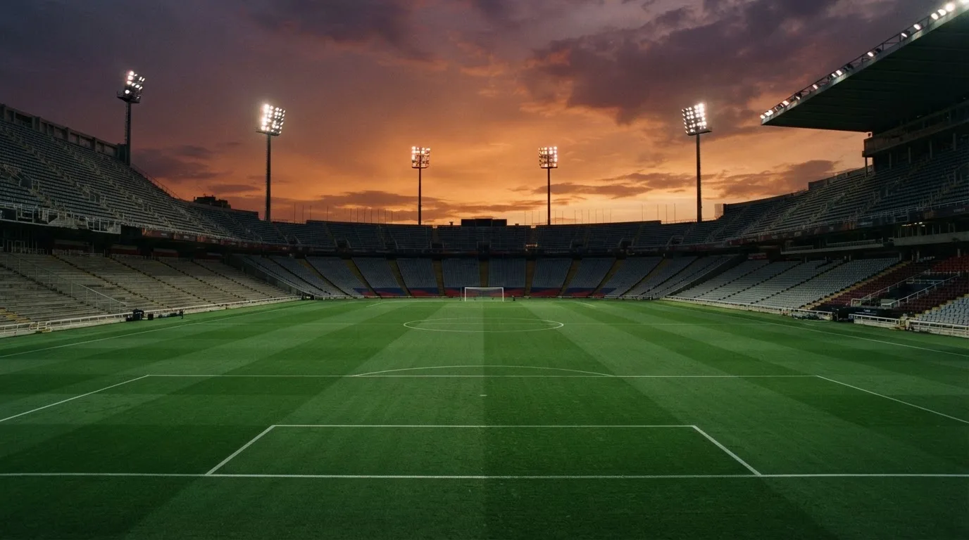 Un estadio de fútbol vacío con torres de iluminación al atardecer