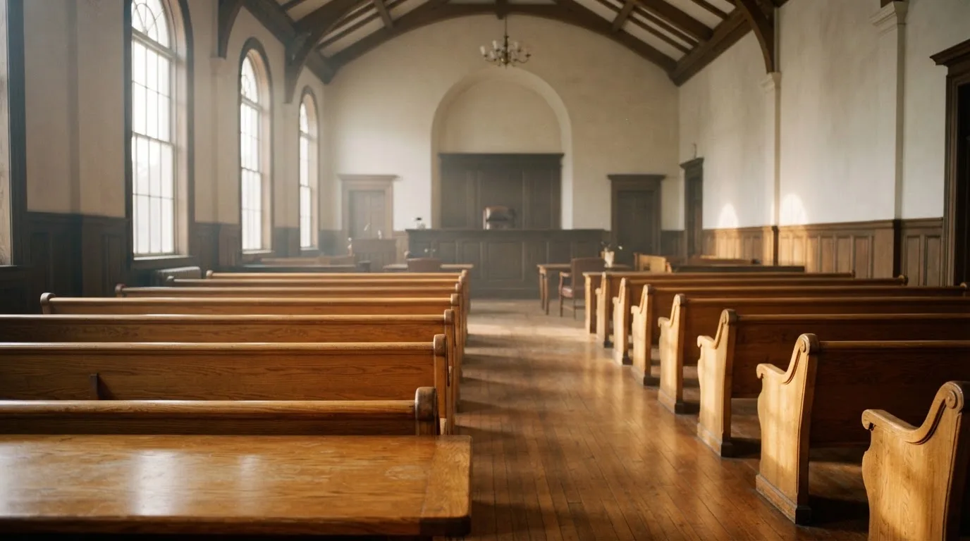 Una sala de tribunal vacía con bancos de madera a la luz de la mañana