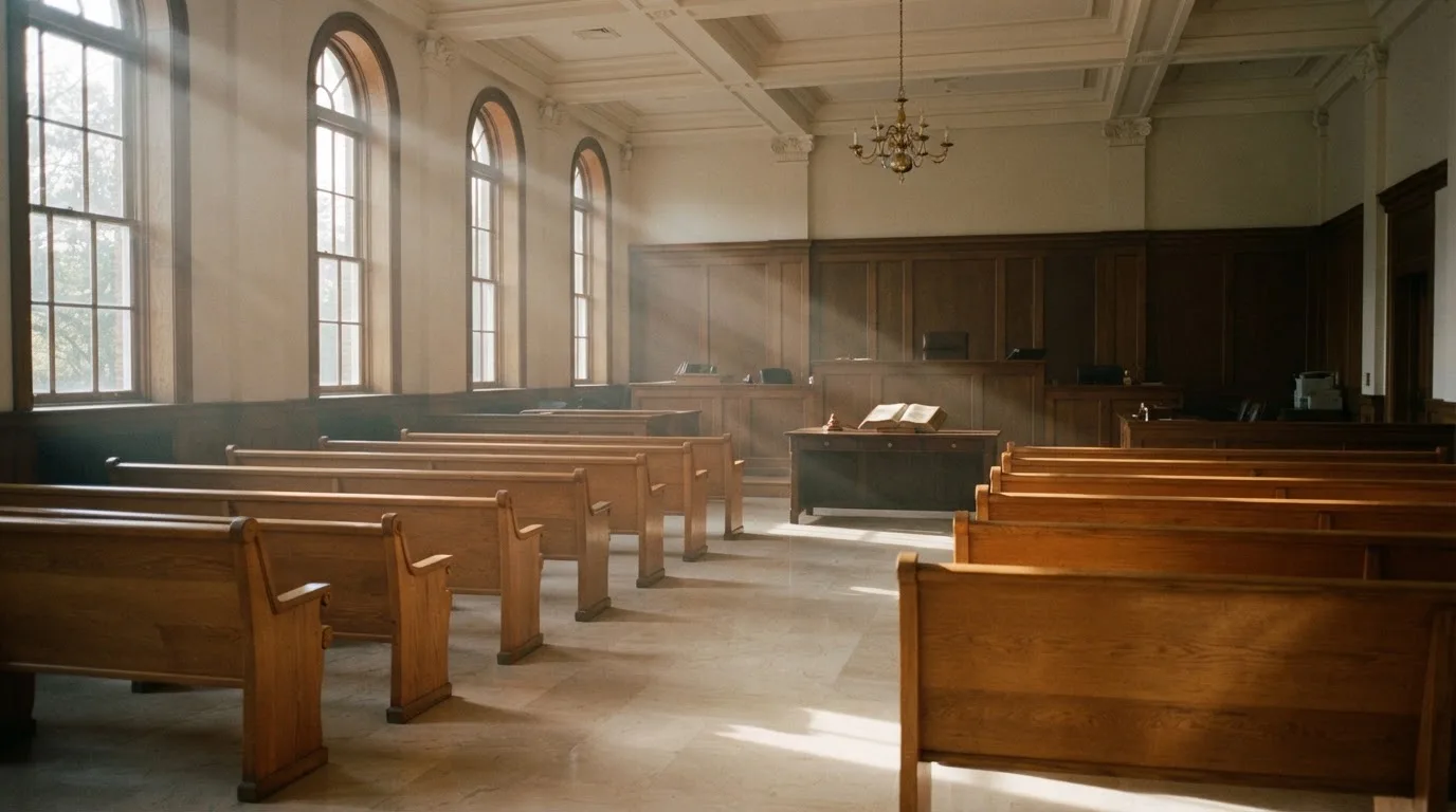 Una sala de tribunal vacía con bancos de madera a la luz de la mañana