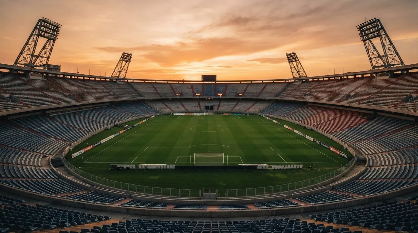 Un estadio de fútbol vacío con torres de iluminación al atardecer