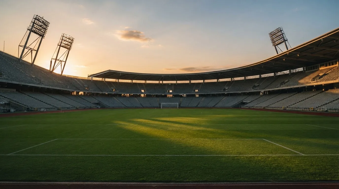 Un estadio de fútbol vacío con torres de iluminación al atardecer