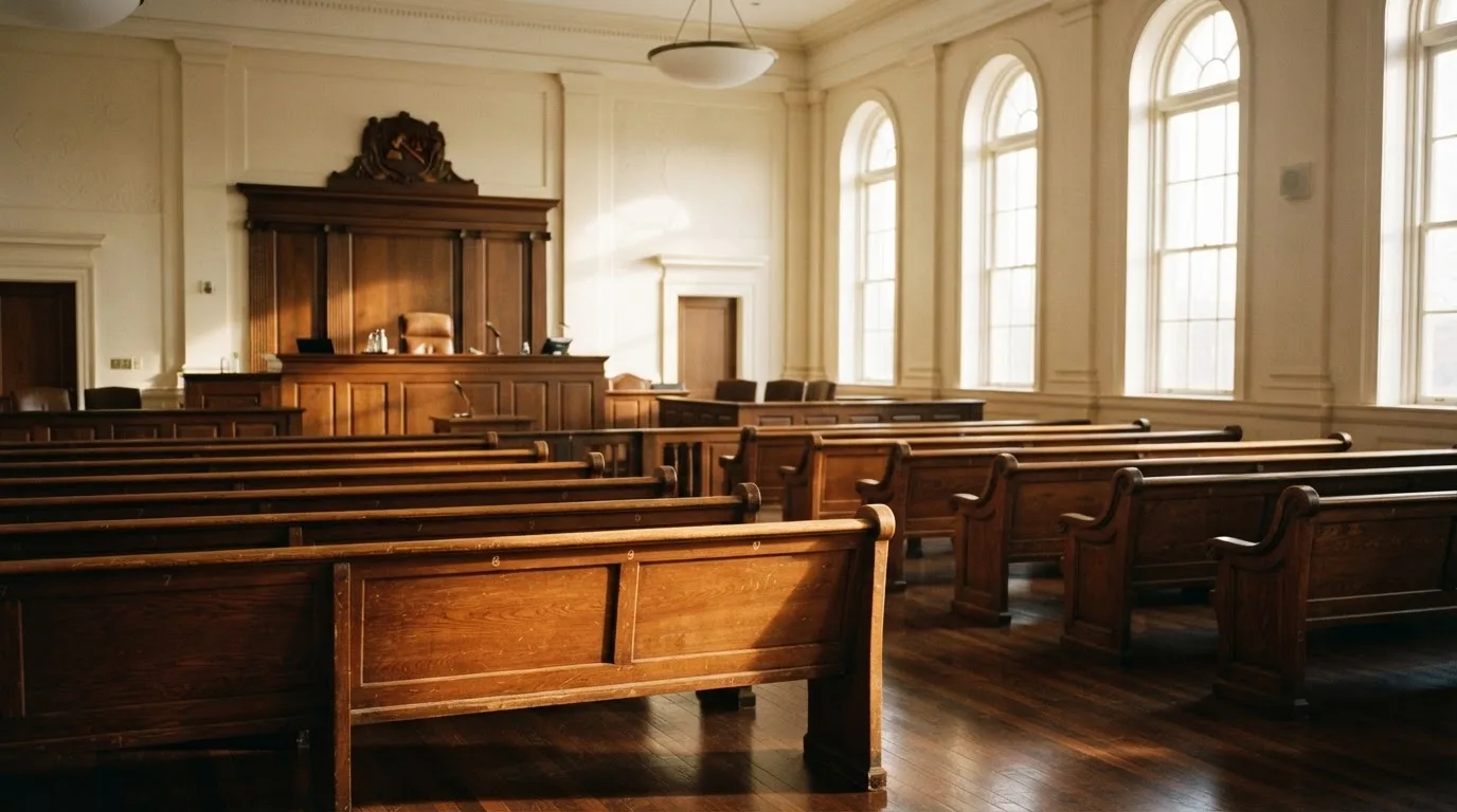 Una sala de tribunal vacía con bancos de madera a la luz de la mañana